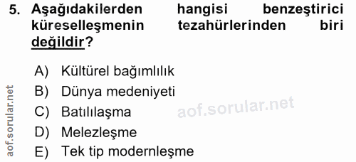 5. soru: Aşağıdakilerden hangisi benzestirici küreselleşmenin tezahürlerinden biri değildir? A) Kültürel bağımlılık B) Dünya m…
