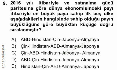 9. soru: 2016 yılı itibariyle ve satınalma gücü paritesine göre dünya ekonomisindeki payı itibariyle en büyük paya sahip ilk b…