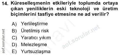 14. soru: Küreselleşmenin etkileriyle toplumda ortaya çıkan yeniliklerin eski teknoloji ve üretim biçimlerini tasfiye etmesine…