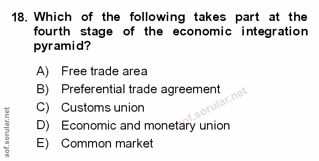 18. soru: Which of the following takes part at the fourth stage of the economic integration pyramid? A) Free trade area B)S Pre…