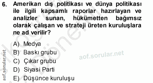 6. soru: Amerikan dış politikası ve dünya politikası ile ilgili kapsamlı raporlar hazırlayan ve analizler sunan, hükümetten ba…