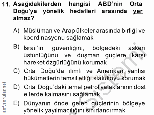 11. soru: Aşağıdakilerden hangisi ABD'nin Orta Doğu'ya yönelik hedefleri arasında yer almaz? A) Müslüman ve Arap ülkeler arasın…