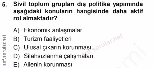 5. soru: Sivil toplum grupları dış politika yapımında aşağıdaki konuların hangisinde daha aktif rol almaktadır? A) Ekonomik an…