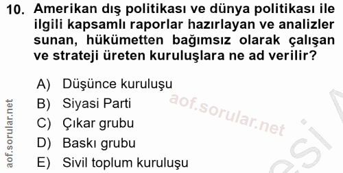 10. soru: Amerikan dış politikası ve dünya politikası ile ilgili kapsamlı raporlar hazırlayan ve analizler sunan, hükümetten ba…