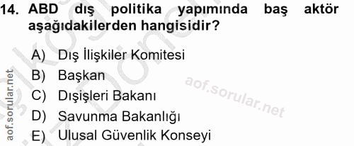 14. soru: ABD dış politika yapımında baş aktör aşağıdakilerden hangisidir? A) Dış İlişkiler Komitesi B) Başkan C) Dışişleri Bak…