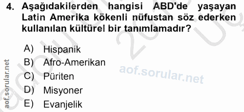4. soru: Aşağıdakilerden hangisi ABD'de yaşayan Latin Amerika kökenli nüfustan söz ederken kullanılan kültürel bir tanımlamadı…