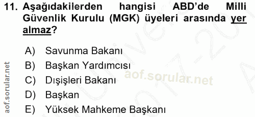 11. soru: Aşağıdakilerden hangisi ABD'de Milli Güvenlik Kurulu (MGK) üyeleri arasında yer almaz? A) Savunma Bakanı B) Başkan Ya…