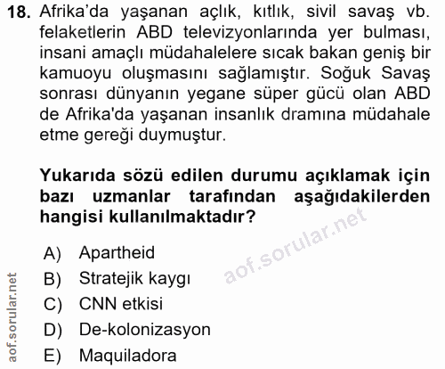 18. soru: Afrika'da yaşanan açlık, kıtlık, sivil savaş vb. felaketlerin ABD televizyonlarında yer bulması, insani amaçlı müdaha…