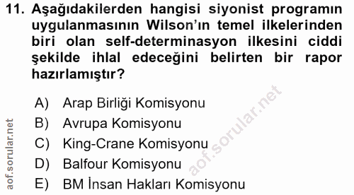 11. soru: Aşağıdakilerden hangisi siyonist programın uygulanmasının Wilson'ın temel ilkelerinden biri olan self-determinasyon i…