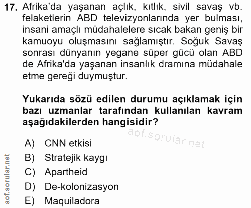 17. soru: Afrika'da yaşanan açlık, kıtlık, sivil savaş vb. felaketlerin ABD televizyonlarında yer bulması, insani amaçlı müdaha…