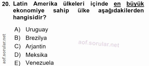 20. soru: Latin Amerika ülkeleri içinde en büyük ekonomiye sahip ülke aşağıdakilerden hangisidir? A) Uruguay B) Brezilya C) Arj…