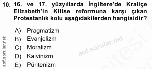 10. soru: 16. ve 17. yüzyıllarda Ingiltere'de Kraliçe Elizabeth'in Kilise reformuna karşı çıkan Protestanlık kolu aşağıdakilerd…