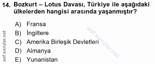 14. soru: Bozkurt - Lotus Davası, Türkiye ile aşağıdaki ülkelerden hangisi arasında yaşanmıştır? A) Fransa B) Ingiltere C) Amer…