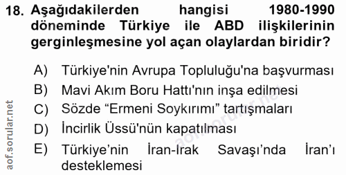 18. soru: Aşağıdakilerden hangisi 1980-1990 döneminde Türkiye ile ABD ilişkilerinin gerginleşmesine yol açan olaylardan biridir…