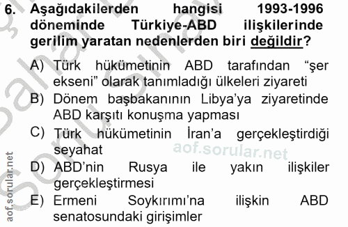 6. soru: Aşağıdakilerden hangisi 1993-1996 döneminde Türkiye-ABD ilişkilerinde gerilim yaratan nedenlerden biri değildir? A) T…