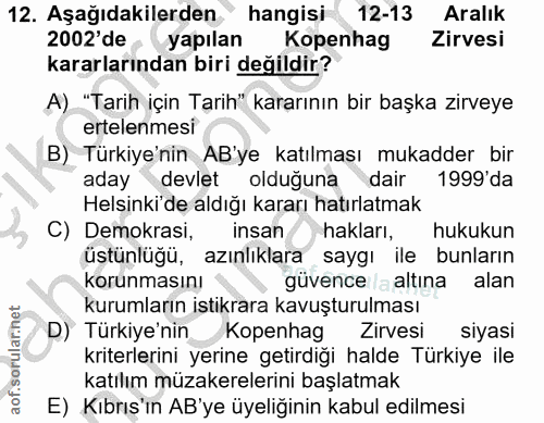 12. soru: Aşağıdakilerden hangisi 12-13 Aralık 2002'de yapılan Kopenhag Zirvesi kararlarından biri değildir? A) "Tarih için Tar…