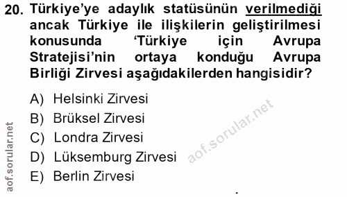 20. soru: Türkiye'ye adaylık statüsünün verilmediği ancak Türkiye ile ilişkilerin geliştirilmesi konusunda 'Türkiye için Avrupa…