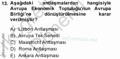 13. soru: Aşağıdaki antlaşmalardan hangisiyle Avrupa Ekonomik Topluluğu'nun Avrupa Birliği'ne dönüştürülmesine karar verilmişti…