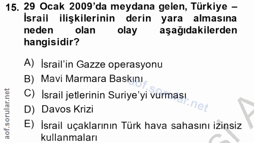 15. soru: 29 Ocak 2009'da meydana gelen, Türkiye - Israil ilişkilerinin derin yara almasına neden olan olay aşağıdakilerden han…