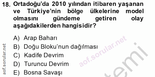 18. soru: Ortadoğu'da 2010 yılından itibaren yaşanan ve Türkiye'nin bölge ülkelerine model olmasını gündeme getiren olay aşağıd…