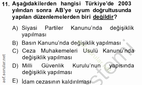 11. soru: Aşağıdakilerden hangisi Türkiye'de 2003 yılından sonra AB'ye uyum doğrultusunda yapılan düzenlemelerden biri değildir…