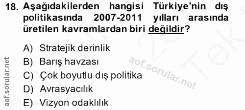 18. soru: Aşağıdakilerden hangisi Türkiye'nin dış politikasında 2007-2011 yılları arasında üretilen kavramlardan biri değildir?…
