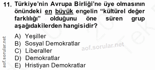 11. soru: Türkiye'nin Avrupa Birliği'ne üye olmasının önündeki en büyük engelin "kültürel değer farklılığı" öne süren grup aşağ…
