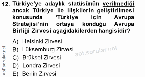 12. soru: Türkiye'ye adaylık statüsünün verilmediği ancak Türkiye ile ilişkilerin geliştirilmesi konusunda "Türkiye için Avrupa…