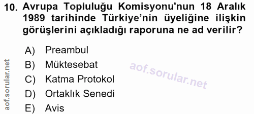 10. soru: Avrupa Topluluğu Komisyonu'nun 18 Aralık 1989 tarihinde Türkiye'nin üyeliğine ilişkin görüşlerini açıkladığı raporuna…