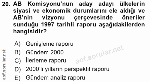 20. soru: AB Komisyonu'nun aday adayı ülkelerin siyasi ve ekonomik durumlarını ele aldığı ve AB'nin vizyonu çerçevesinde öneril…