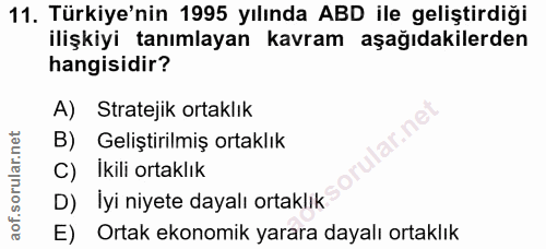 11. soru: Türkiye'nin 1995 yılında ABD ile geliştirdiği ilişkiyi tanımlayan kavram aşağıdakilerden hangisidir? A) Stratejik ort…