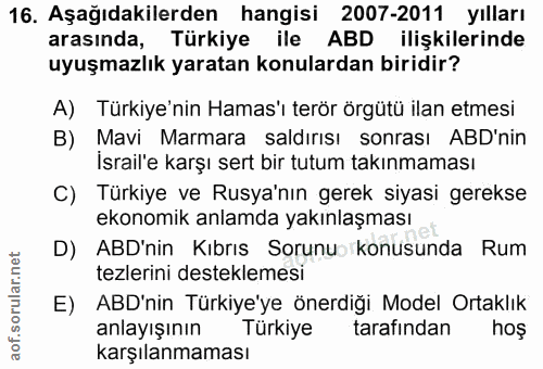 16. soru: Aşağıdakilerden hangisi 2007-2011 yılları arasında, Türkiye ile ABD ilişkilerinde uyuşmazlık yaratan konulardan birid…