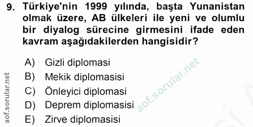 9. soru: Türkiye'nin 1999 yılında, başta Yunanistan olmak üzere, AB ülkeleri ile yeni ve olumlu bir diyalog sürecine girmesini…