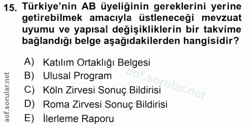 15. soru: Türkiye'nin AB üyeliğinin gereklerini yerine getirebilmek amacıyla üstleneceği mevzuat uyumu ve yapısal değişiklikler…