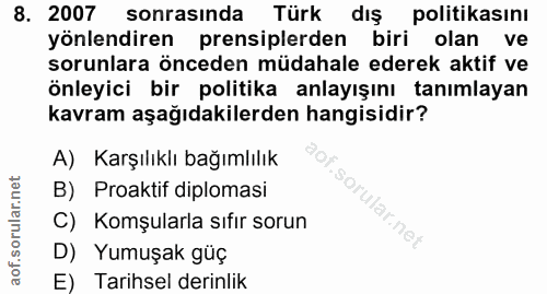 8. soru: 2007 önlendire prensiplerden biri bitina ve sonrasında Türk dış sorunlara önceden müdahale ederek aktif ve önleyici b…