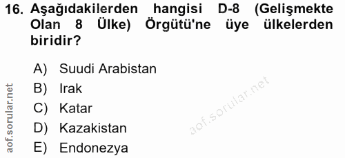 16. soru: Aşağıdakilerden hangisi D-8 (Gelişmekte Olan 8 Ülke) Örgütü'ne üye ülkelerden biridir? A) Suudi Arabistan B) Irak C)…