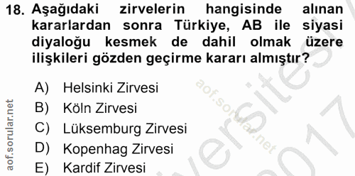18. soru: Aşağıdaki zirvelerin hangisinde alınan kararlardan sonra Türkiye, AB ile siyasi diyaloğu kesmek de dahil olmak üzere…