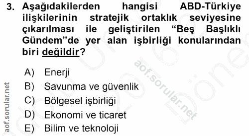 3. soru: Aşağıdakilerden hangisi ABD-Türkiye ilişkilerinin stratejik ortaklik seviyesine çıkarılması ile geliştirilen "Bes Baş…