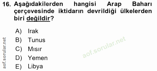 16. soru: Aşağıdakilerden hangisi Arap Baharı çerçevesinde iktidarın devrildiği ülkelerden biri değildir? A) Irak B) Tunus C) M…
