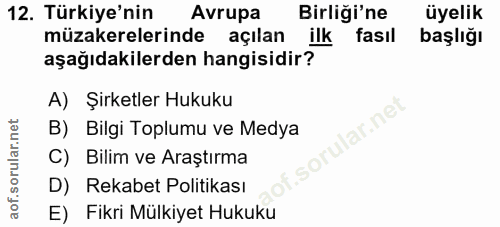 12. soru: Türkiye'nin Avrupa Birliği'ne üyelik müzakerelerinde açılan ilk fasıl başlığı aşağıdakilerden hangisidir? A) Şirketle…