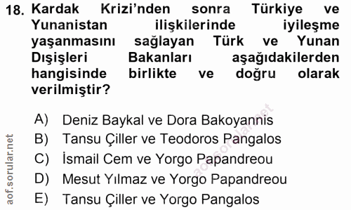 18. soru: Kardak Krizi'nden sonra Türkiye ve Yunanistan ilişkilerinde iyileşme yaşanmasını sağlayan Türk ve Yunan Dışişleri Bak…