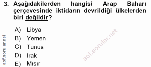 3. soru: Aşağıdakilerden hangisi Arap Baharı çerçevesinde iktidarın devrildiği ülkelerden biri değildir? A) Libya B) Yemen C)…