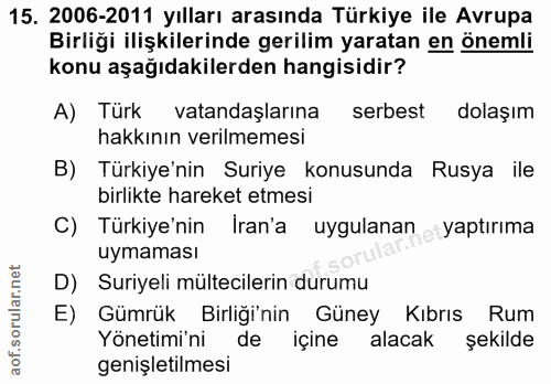 15. soru: 2006-2011 yılları arasında Türkiye ile Avrupa Birliği ilişkilerinde gerilim yaratan en önemli konu aşağıdakilerden ha…