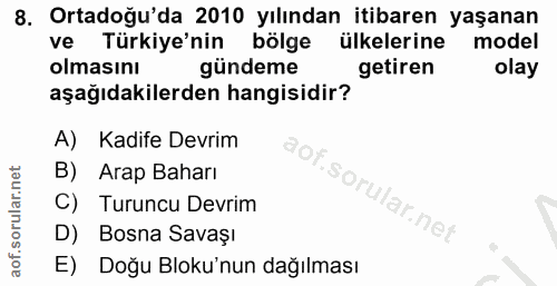 8. soru: Ortadoğu'da 2010 yılından itibaren yaşanan ve Türkiye'nin bölge ülkelerine model olmasını gündeme getiren olay aşağıd…