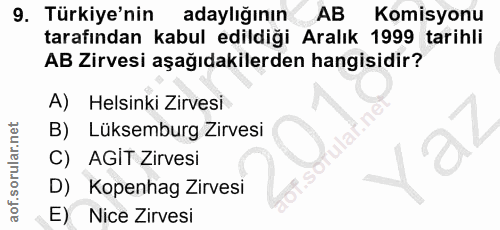 9. soru: Türkiye'nin adaylığının AB Komisyonu tarafından kabul edildiği Aralık 1999 tarihli AB Zirvesi aşağıdakilerden hangisi…