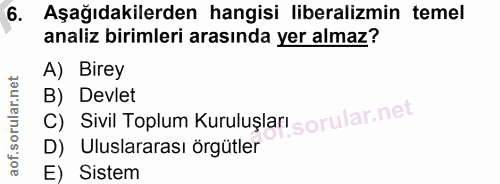 6. soru: Aşağıdakilerden hangisi liberalizmin temel analiz birimleri arasında yer almaz? A) Birey B) Devlet Sivil Toplum Kurul…