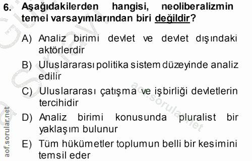 6. soru: Aşağıdakilerden hangisi, neoliberalizmin temel varsayımlarından biri değildir? A) Analiz birimi devlet ve devlet dışı…