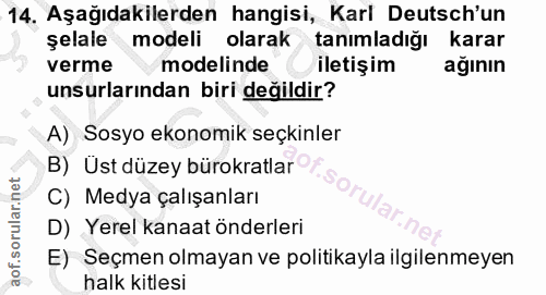 14. soru: Aşağıdakilerden hangisi, Karl Deutsch'un şelale modeli olarak tanımladığı karar verme modelinde iletişim ağinin unsur…