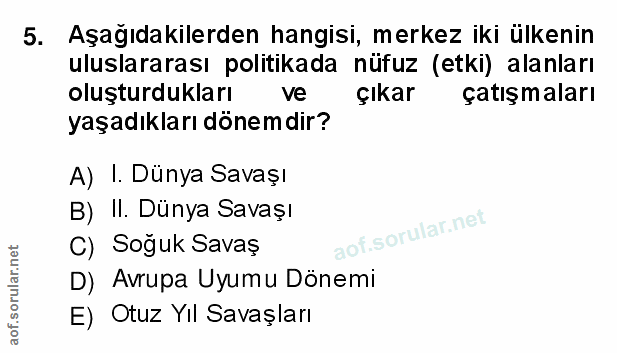 5. soru: Aşağıdakilerden hangisi, merkez iki ülkenin uluslararası politikada nüfuz (etki) alanları oluşturdukları ve çıkarß ça…