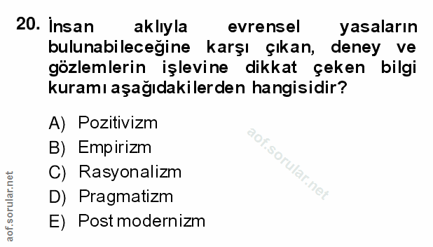 20. soru: İnsan aklıyla evrensel yasaların bulunabileceğine karşı çıkan, deney ve gözlemlerin işlevine dikkat çeken bilgi kuram…